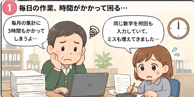 DX漫画 1コマ目 毎日の作業に時間がかかって困っている様子