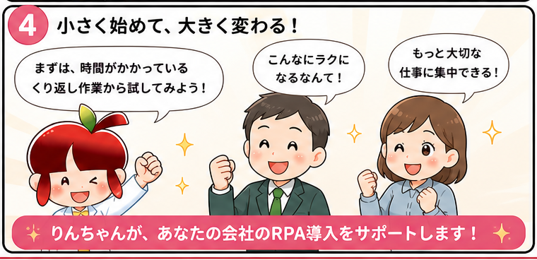 RPA漫画 4コマ目 小さく始めて大きな効果を実感する様子